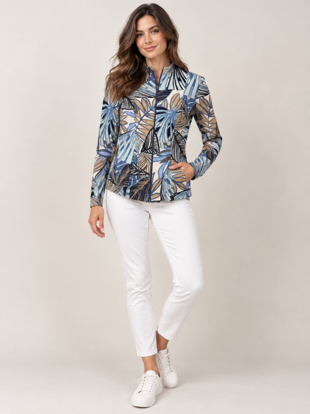 Joseph Ribkoff Abstract Leaf Print Zip Front Jacket Blue Multi 8